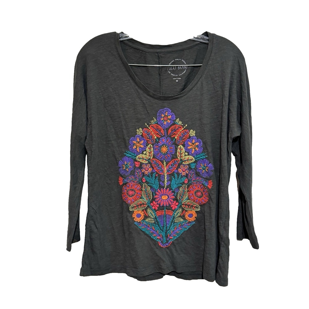 Lucky Brand Womens Charcoal Gray Embroidered Floral Long Sleeve Cotton Tee M